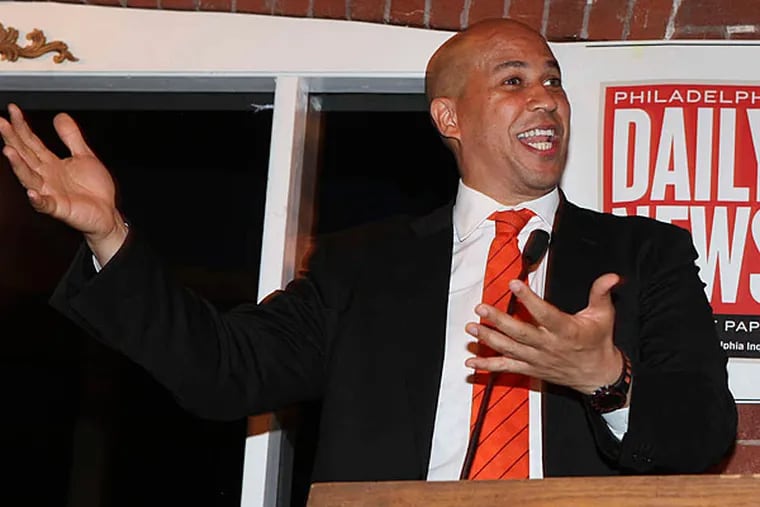 Newark, N.J., Mayor Cory Booker was all funny business Thursday at Stu Bykofsky's Candidates Comedy Night. (Steven M. Falk/Staff)