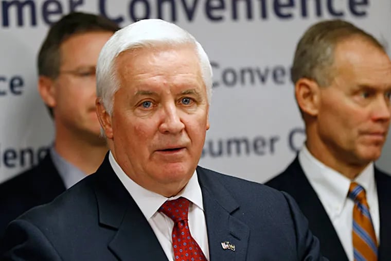 Gov. Corbett addresses a news conference in Pittsburgh, where he announced his plan to privatize the Pa. liquor system. AP