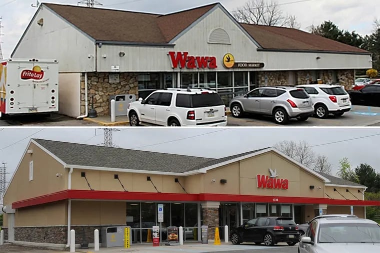 Before (top): The 40-something-year-old Wawa on Butler Pike in Conshohocken. After: The remodeled store on May 4 is part of the multi-million-dollar remodeling of more than 200 legacy stores.
