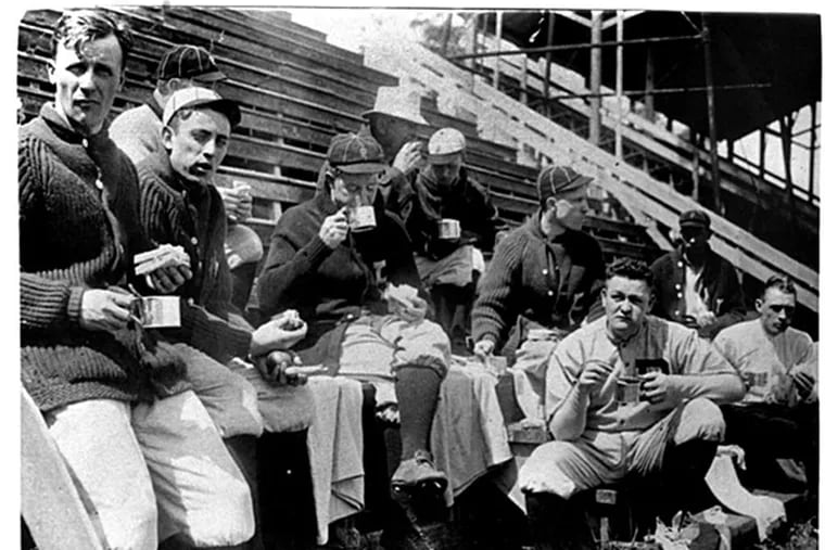 Players taking a coffee break during spring training in 1915 included future Hall of Famer Grover Cleveland Alexander (center, sipping from cup). (Courtesy of the Philadelphia Phillies)