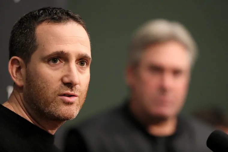 Eagles executive vice president of football operations Howie Roseman, left, and head coach Doug Pederson, right, hold a news conference at the team's practice facility in Philadelphia, PA on January 15, 2019.