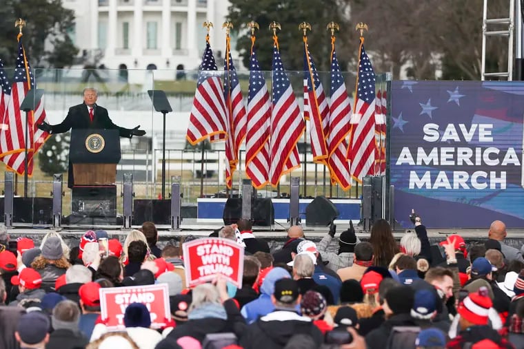 President Donald Trump gesturing while speaking to the crowd during a “Save America” rally at the Ellipse in Washington on Jan. 6. The U.S. Capitol was later attacked by a mob of Trump supporters.