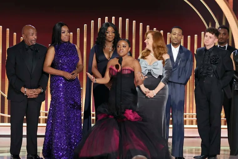 This image released by NBC shows William Stanford Davis, from left, Sheryl Lee Ralph, Janelle James, Quinta Brunson, Lisa Ann Walter, Tyler James Williams, and Chris Perfetti accepting the award for Best Television Comedy Series during the 80th Annual Golden Globe Awards at the Beverly Hilton Hotel on Tuesday, Jan. 10, 2023, in Beverly Hills, Calif. (Rich Polk/NBC via AP)