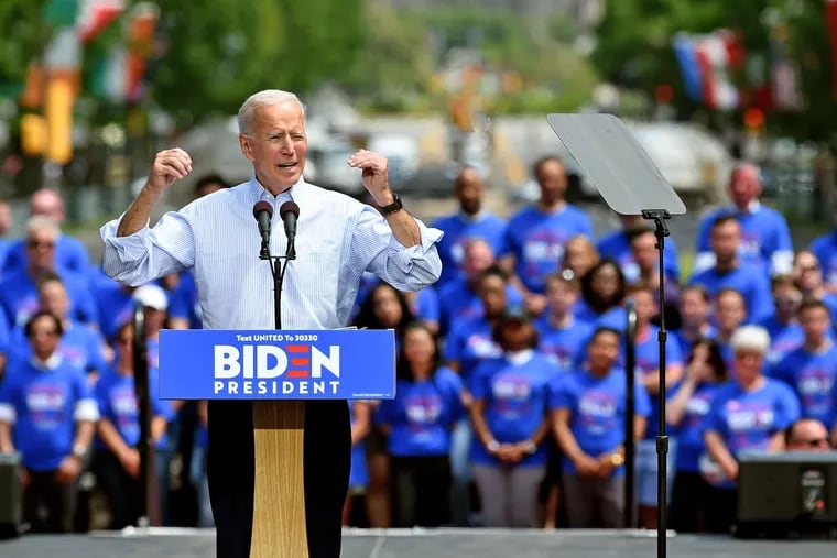 Former vice president and Democratic presidential candidate Joe Biden speaks during a rally on Eakins Oval in May.