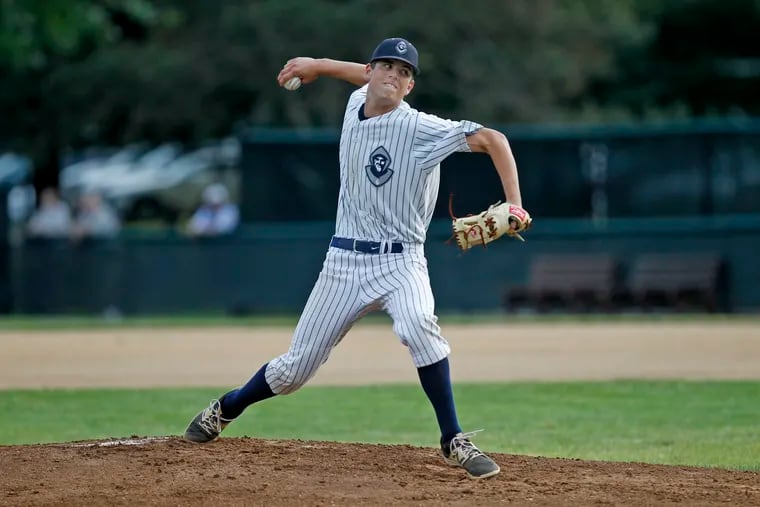 St. Augustine's Cole Vanderslice, shown here while pitching a two-hitter in a 1-0 win over Delbarton in the NP A state final last season, was the Player of the Game in Sunday's 3-0 victory over Gloucester Catholic.