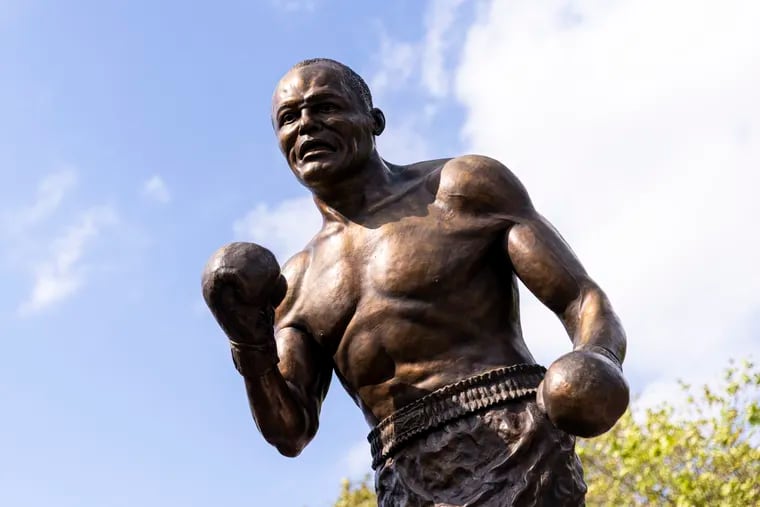 The unveiled statue of heavyweight champion Jersey Joe Walcott in Camden.