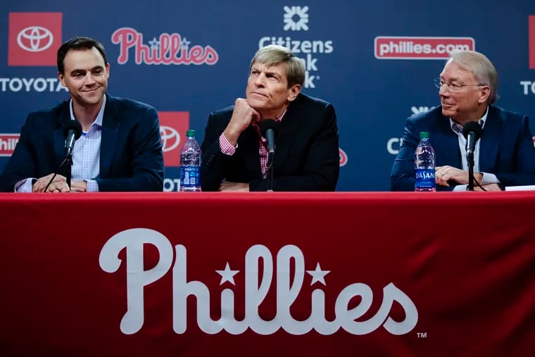 The decision-making trio of general manager Matt Klentak (left), managing partner John Middleton (center) and team president Andy MacPhail has failed to lead the Phillies back to the playoffs during their five-year run in charge.