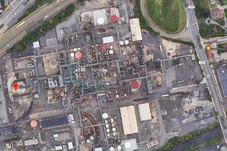 A map shows the location of the AdvanSix plant in Philadelphia, where a worker accidentally spilled up to 2,000 gallons of the chemical Thursday.