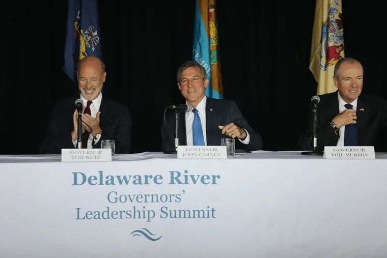 Pennsylvania Governor Tom Wolf, Delaware Governor John Carney and New Jersey Governor Phil Murphy meet for a Delaware River Governorsâ€™ Leadership Summit at the Independence Seaport Museum Thursday May 16, 2019