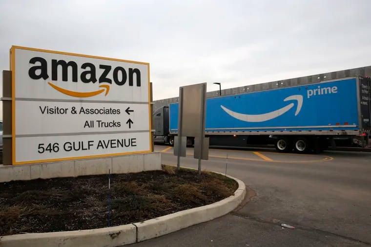 An Amazon Prime truck at the entrance to an Amazon fulfillment center on Staten Island in New York.
