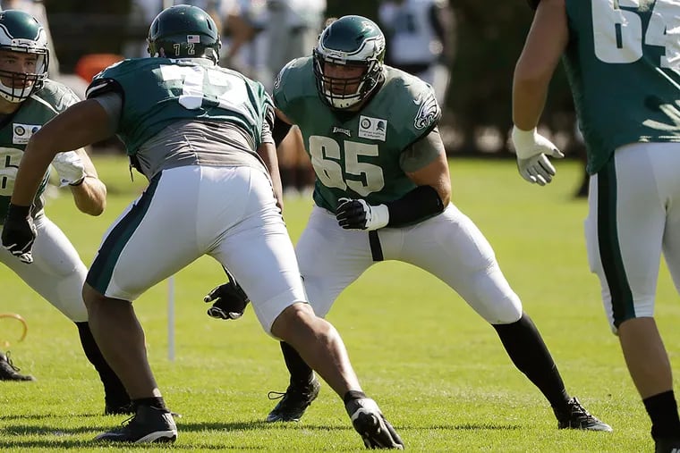 Philadelphia Eagles tackle Lane Johnson (65) during practice at the team's NFL football training facility in Philadelphia, Wednesday, Oct. 5, 2016.