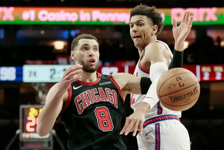 Matisse Thybulle, shown knocking the ball away from Chicago's Zach LaVine back on Jan. 17, has been a defensive force for the Sixers.
