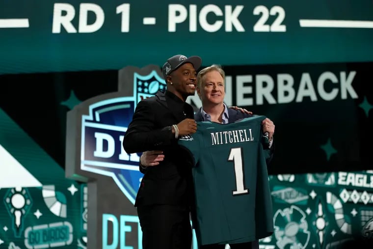 Quinyon Mitchell poses with NFL commissioner Roger Goodell after being selected 22nd overall by the Eagles during the first round of the 2024 NFL draft.