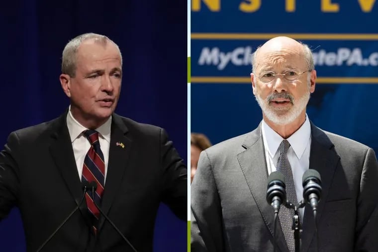 Governor Phil Murphy of New Jersey (left) and Governor Tom Wolf of Pennsylvania (right).