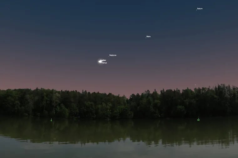 An illustration of the Jupiter-Venus conjunction on Saturday morning, April 30.