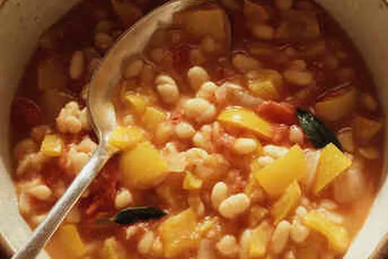Essential Bean Soup, embellished with Sweet Pepper and Onion Confit.