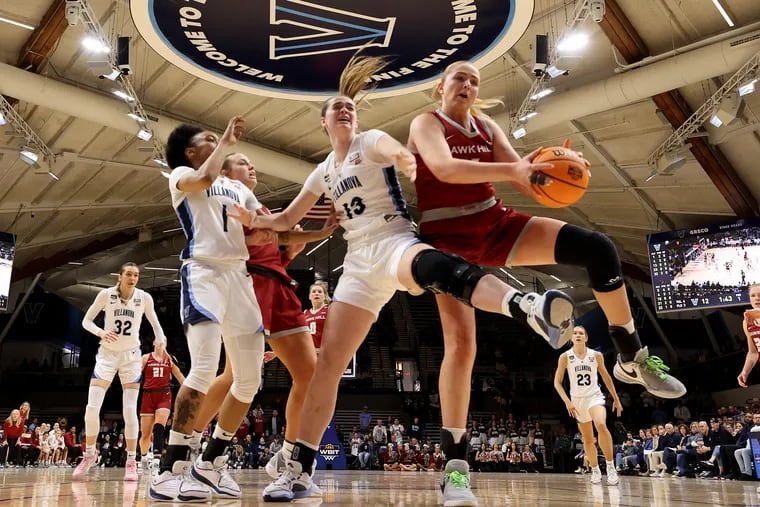 St. Joe's second-leading scorer, Laura Ziegler (right), struggled against Villanova in the WBIT, making just 1-of-14 shots, but had a team-high in rebounds (9) and assists (5) on Thursday.