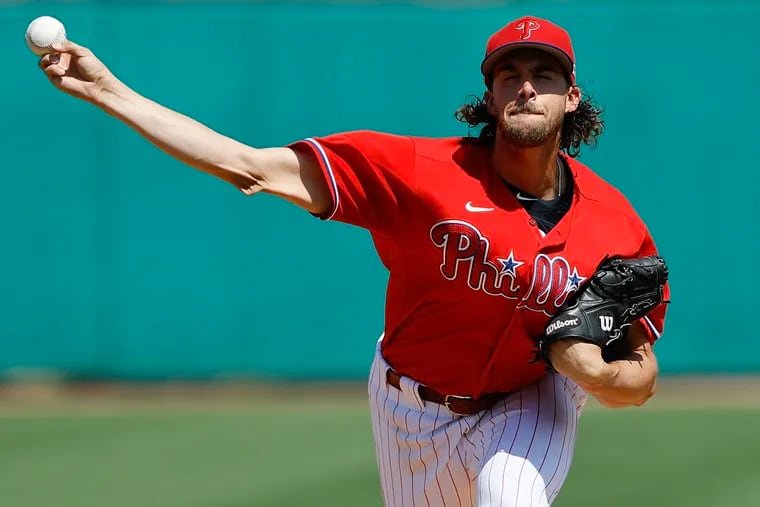 Phillies pitcher Aaron Nola throws the baseball during a spring training game against the Baltimore Orioles at BayCare Ballpark in Clearwater, Florida on Thursday, March 9, 2023.