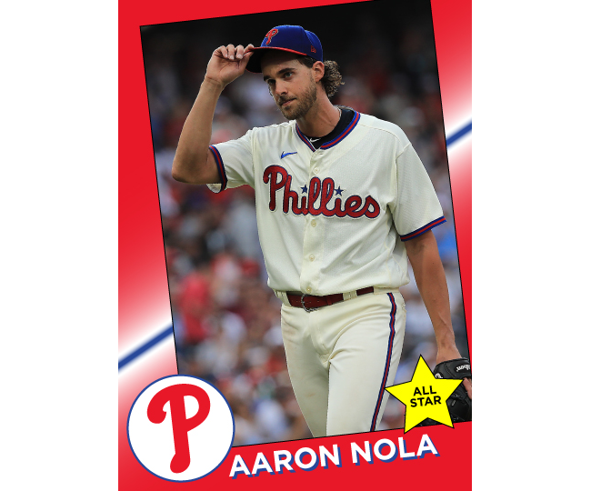 A mock baseball card for Aaron Nola, using new-age statistics.