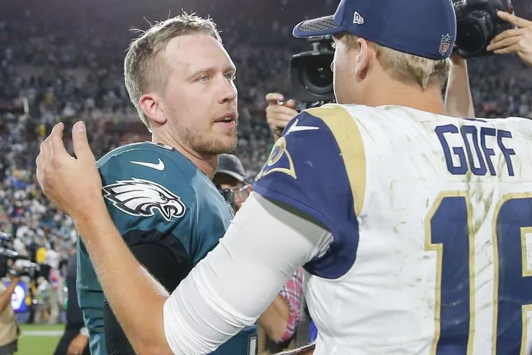 When the Rams drafted Jared Goff in 2016, Nick Foles asked to be released. They met in a game for the first time on Sunday. YONG KIM / Staff Photographer