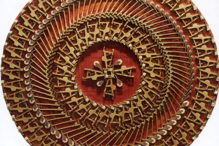 Carol Cole's &quot;Steinway Mandala,&quot; made with parts from a 1920 Steinway grand piano, at Villanova Art Gallery.