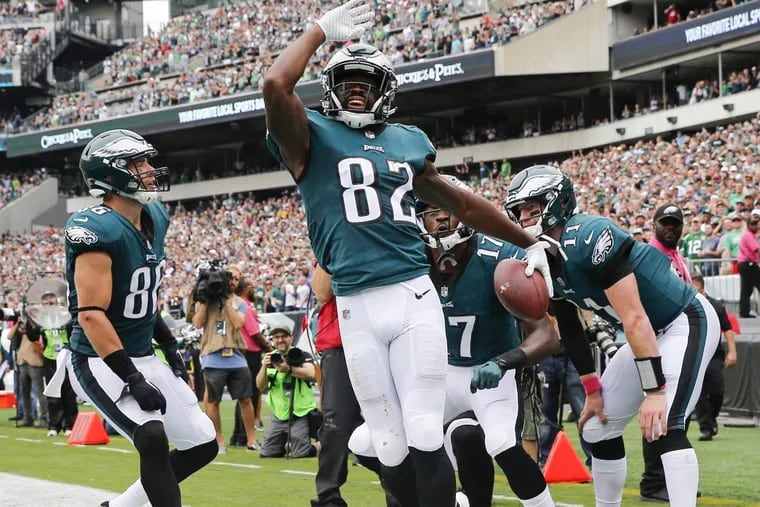 Eagles wide receiver Torrey Smith celebrates his second-quarter touchdown reception with his teammates against the Arizona Cardinals on Sunday, October 8, 2017 in Philadelphia. YONG KIM / Staff Photographer