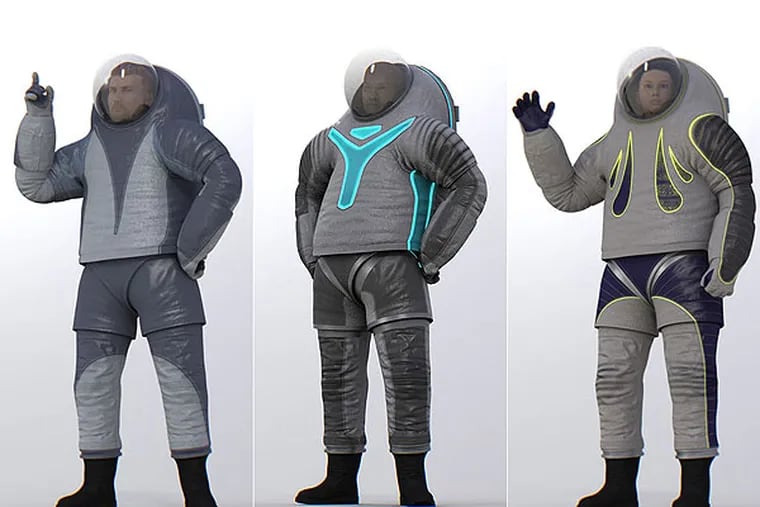 The suits being voted on are, from left, “Biomimicry,” “Technology,” and “Trends in Society.” The outer layer will be made of a rugged, fireproof material, designed to protect underlying electronics from abrasions and the eyes of anyone seeking to copy the technology, a NASA spokesman said. (NASA)