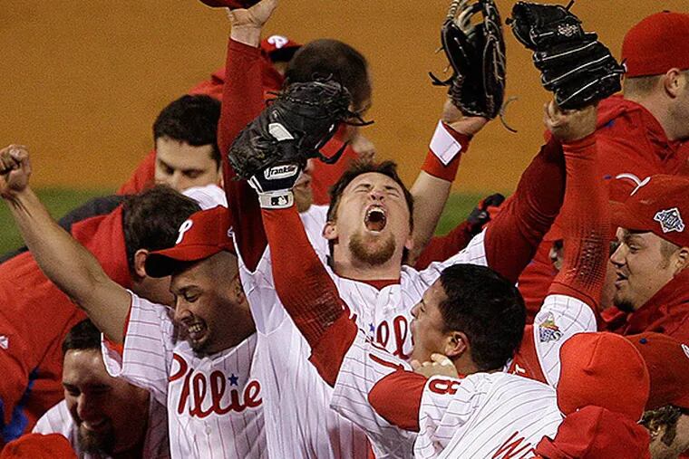 The Philadelphia Phillies celebrate after the final out in Game 5 of the 2008 World Series.