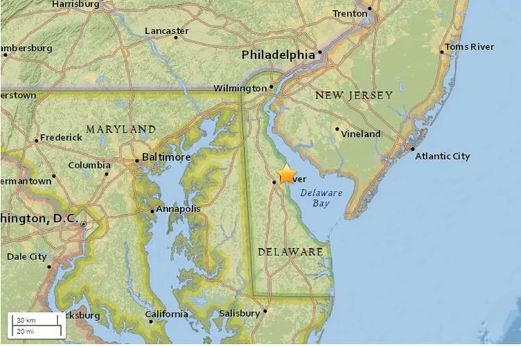 USGS map shows location of earthquake in Delaware that shook the Philadelphia and South Jersey region too.