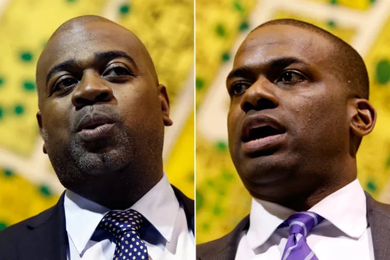Newark, N.J., mayoral candidates Ras Baraka, left, and Shavar Jeffries at an April 29 debate. (AP photos)