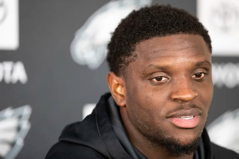 Philadelphia Eagles wide receiver Jalen Reagor (18) speaks with reporters before Philadelphia Eagles practice at the NovaCare Complex in South Philadelphia, Pa. on Thursday, October 28, 2021. The Eagles face the Lions in Detroit on Sunday.