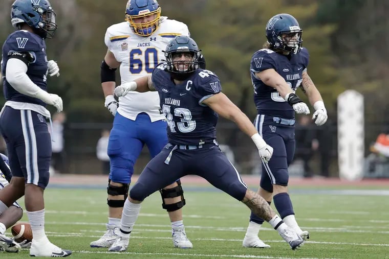 Linebacker Forrest Rhyne (43) is among the key players Villanova has to replace on its defense this season. Rhyne signed a free agent contract with the Indianapolis Colts.