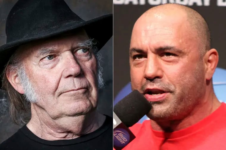 This combination photo shows Neil Young in Calabasas, Calif., on May 18, 2016, left, and UFC announcer and podcaster Joe Rogan before a UFC on FOX 5 event in Seattle on Dec. 7, 2012. Young fired off a public missive to his management on Monday, Jan. 24, 2022, demanding that they remove his music from the popular streaming service Spotify in protest over Rogan's popular podcast spreading misinformation about COVID-19. Soon his music was gone from Spotify. (AP Photo)