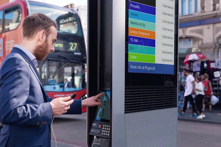 You can call, search for nearby funspots, check on bus times, and watch commercials on a Links kiosk like this one in London’s Camden district.