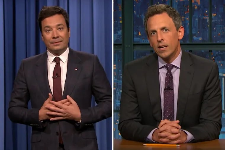 Both Jimmy Fallon (left) and Seth Meyers came out strong against President Trump’s muted response to racial violence in Charlottesville, Va., over the weekend.