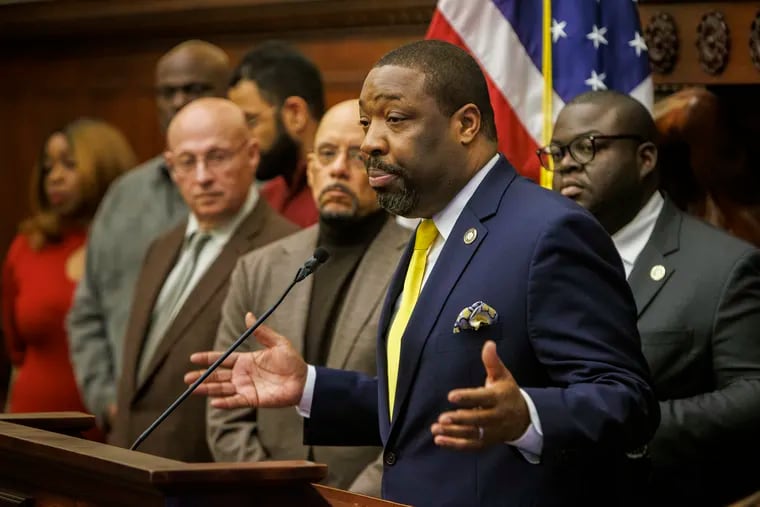Philadelphia City Councilmember Kenyatta Johnson stands at a news conference in March. This week, he called on the city to spend an additional $40 million on anti-violence efforts.
