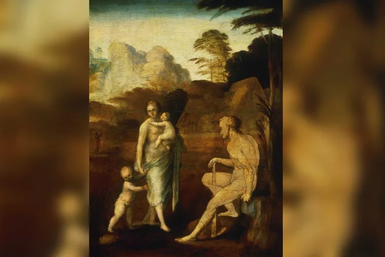 "Adam and Eve with Cain and Abel" by Fra Bartolomeo, dated 1512, at the Philadelphia Museum of Art. A new book claims the painting is misattributed and was done by Leonardo da Vinci.