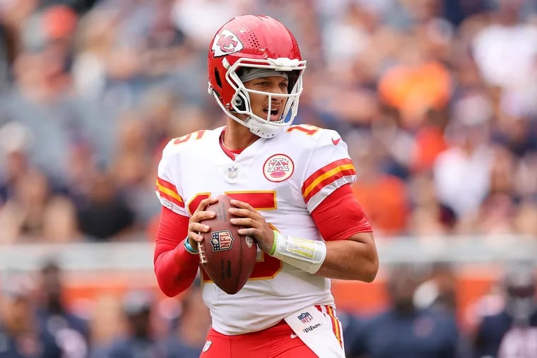 Action Network Use Only - CHICAGO, ILLINOIS - AUGUST 13: Patrick Mahomes #15 of the Kansas City Chiefs looks to pass against the Chicago Bears during the first half of the preseason game at Soldier Field on August 13, 2022 in Chicago, Illinois. (Photo by Michael Reaves/Getty Images)