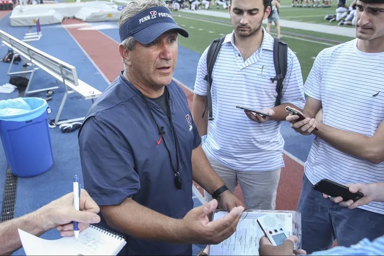 Penn head coach Ray Priore talks with the media after practice at Franklin Field, Thursday, August 30, 2018. STEVEN M. FALK / Staff Photographer