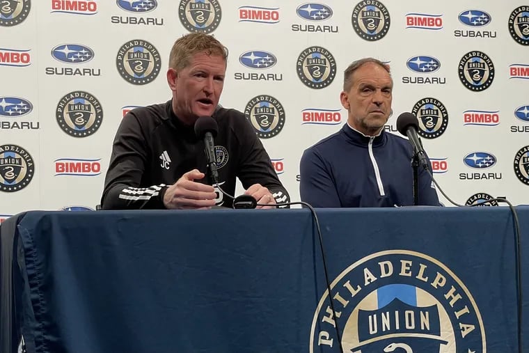 Union manager Jim Curtin (left) and sporting director Ernst Tanner (right) at their end-of-year news conference at Subaru Park on Monday.