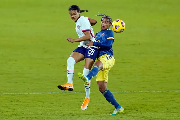 Alana Cook, left, playing for the U.S. women's team against Colombia this past January.