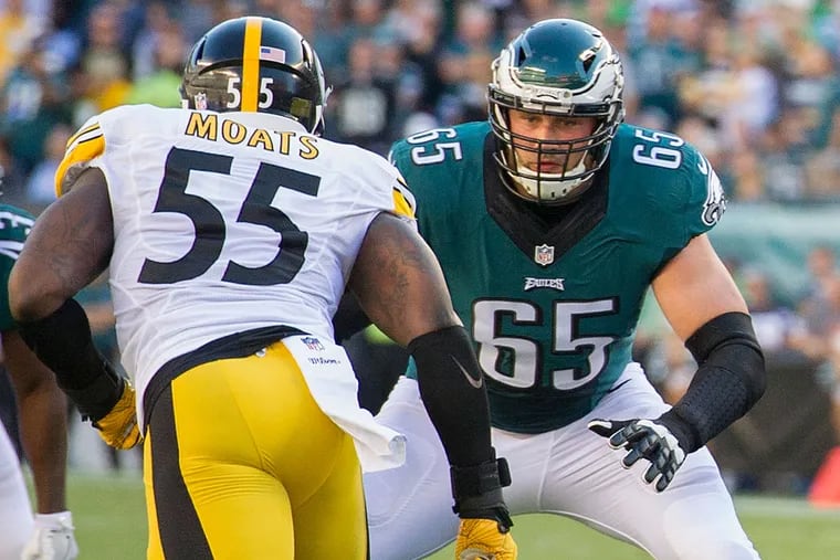 Eagles offensive tackle Lane Johnson gets ready to block Steelers linebacker Arthur Moats.