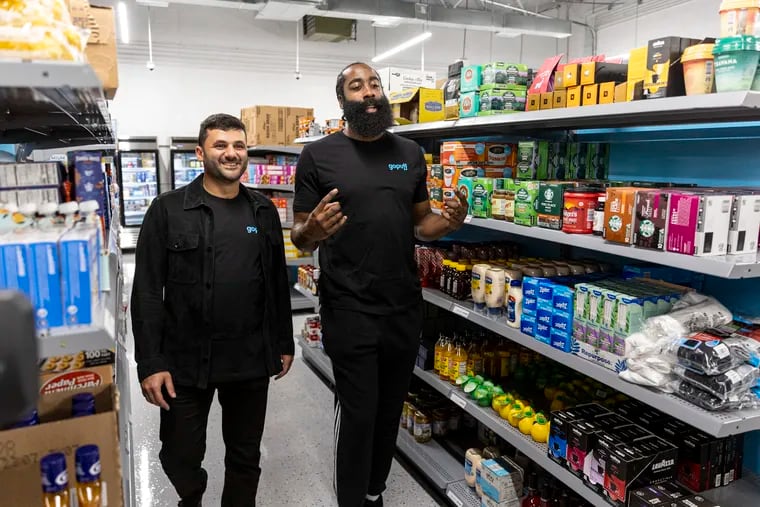 The Sixers' James Harden and Gopuff founder Rafael Ilishayev in the aisles of the company's new delivery center in Philadelphia.