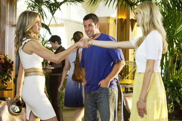 &quot;Just Go With It&quot; stars (from left) Jennifer Aniston, Adam Sandler, and Brooklyn Decker. Nicole Kidman has a giddy extended cameo.