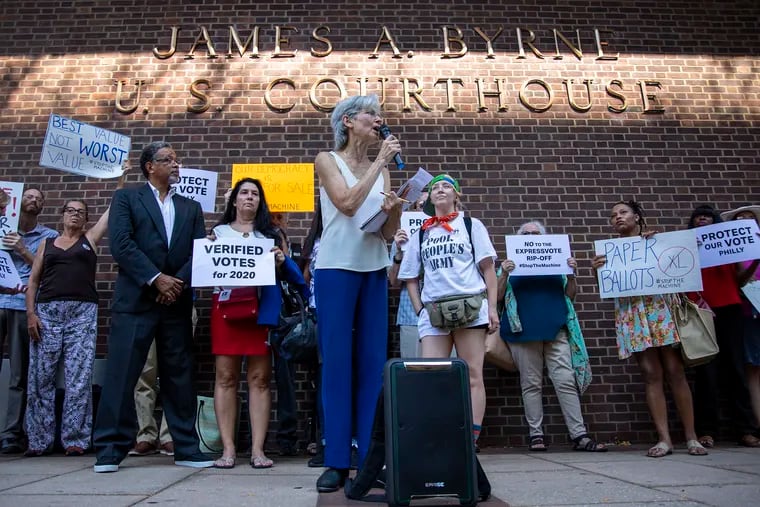 Jill Stein speaks out against Pennsylvania’s certification of the ExpressVote XL voting machines used in Philadelphia and two other counties, during an appearance in Philadelphia in October of 2019.