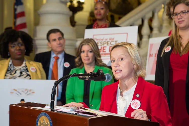 Pa. State Sen. Maria Collett speaks at a rally about menstrual equity at the Pennsylvania Capitol on Oct. 22, 2019.