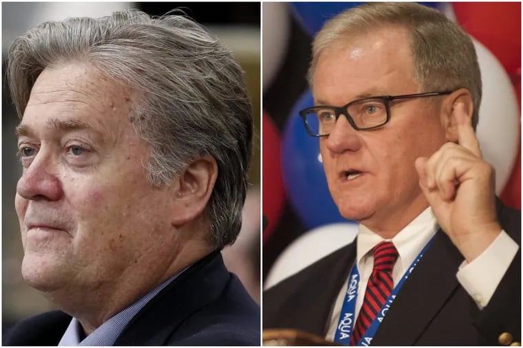 Former White House strategist Steve Bannon (Carolyn Kaster/AP) apparently bonded with Pennsylvania Republican gubernatorial candidate Scott Wagner (Michael Pronzato/Staff) in St. Louis.