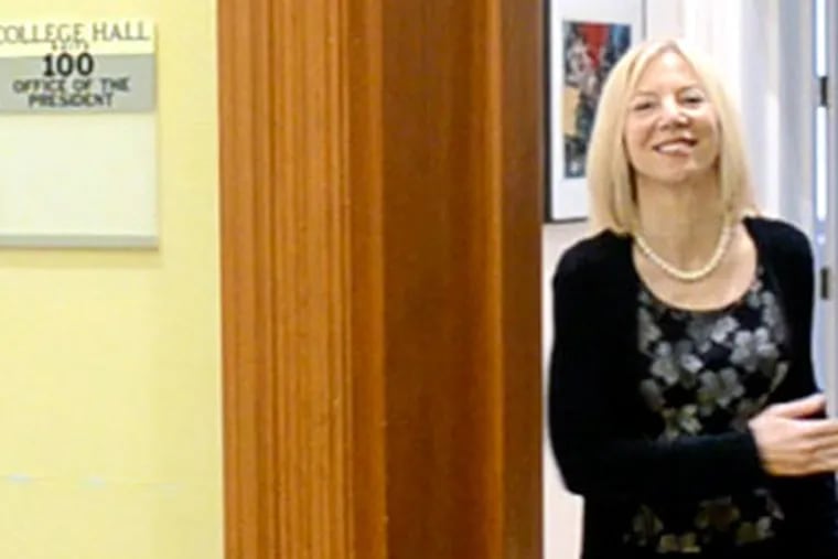 Amy Gutmann in her office. &quot;She has simply been outstanding on every measure,&quot; said David L. Cohen, chairman of Penn's trustees. TOM GRALISH / Staff