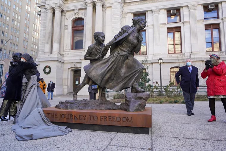 The unveiling of the Harriet Tubman statue at City Hall in Philadelphia on Jan. 11, 2022. The sculpture was created by Wesley Wofford and is scheduled to be on display until the end of the month.