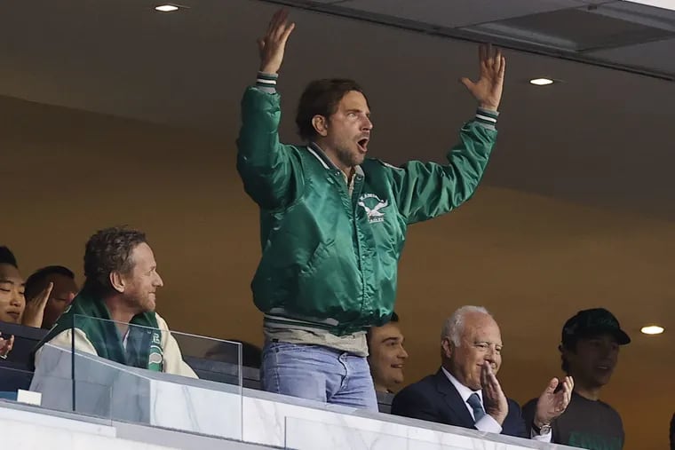 Bradley Cooper reacts during the NFC Championship game between the Eagles and San Francisco 49ers at Lincoln Financial Field on Jan. 29, 2023. The actor says he prefers a Eagles Super Bowl win versus an Academy Award for the Leonard Bernstein biopic "Maestro."